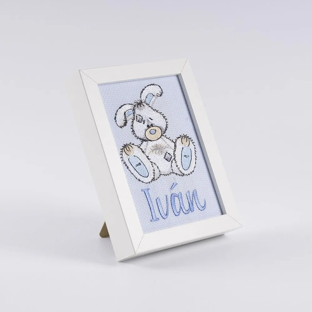 Cuadro Infantil Personalizado Bordado Conejito Old Toy Nanetes Celeste