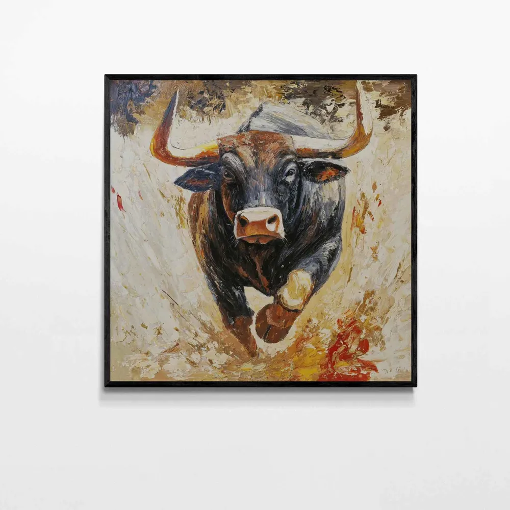 Cuadro al Óleo de Toro Pintado Mano – Fuerza Brava 90x90 cm