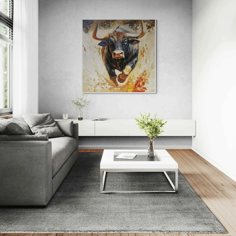 Cuadro al Óleo de Toro Pintado Mano – Fuerza Brava 90x90 cm