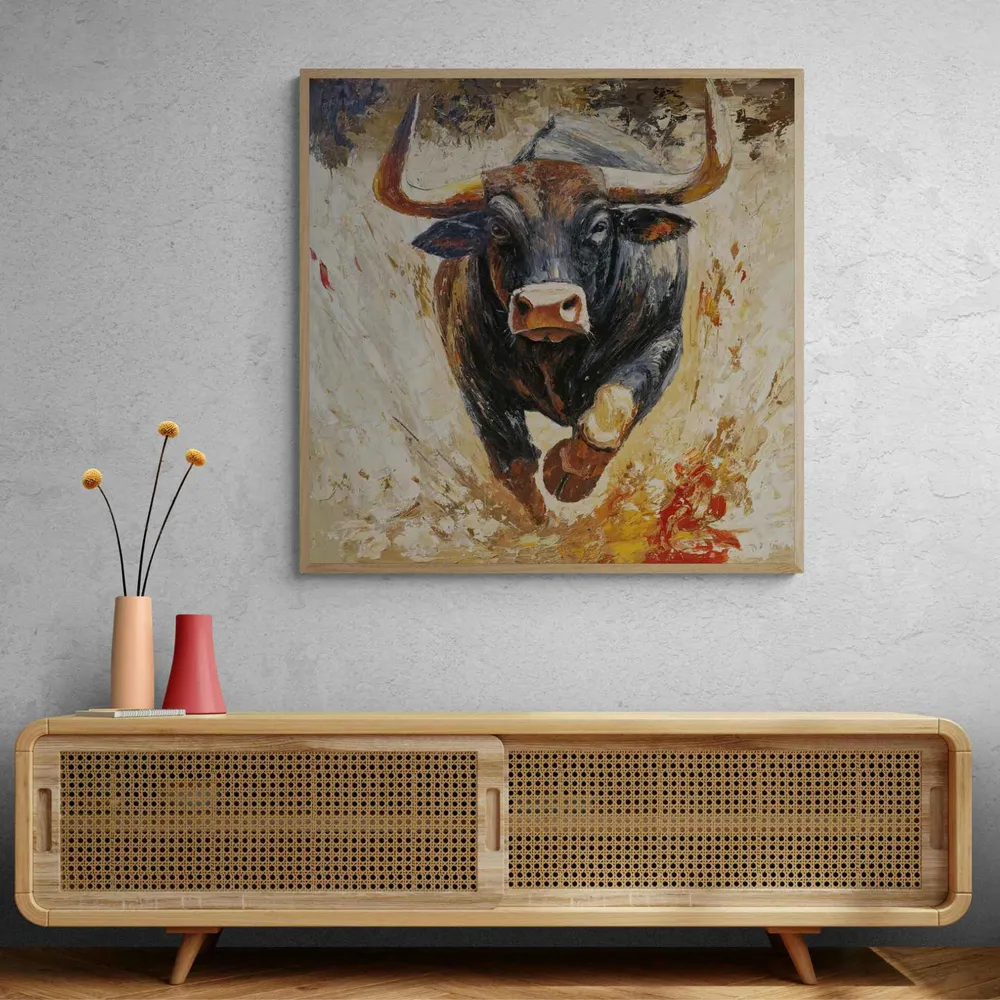 Cuadro al Óleo de Toro Pintado Mano – Fuerza Brava 90x90 cm