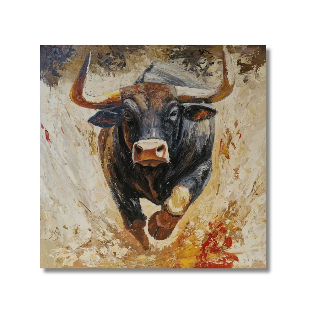 Cuadro al Óleo de Toro Pintado Mano – Fuerza Brava 90x90 cm