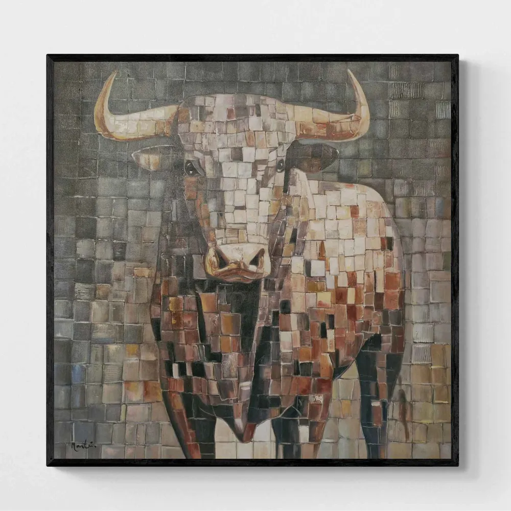 Cuadro Toro en Mosaico - Pintura al Óleo Hecha Mano 90x90 cm