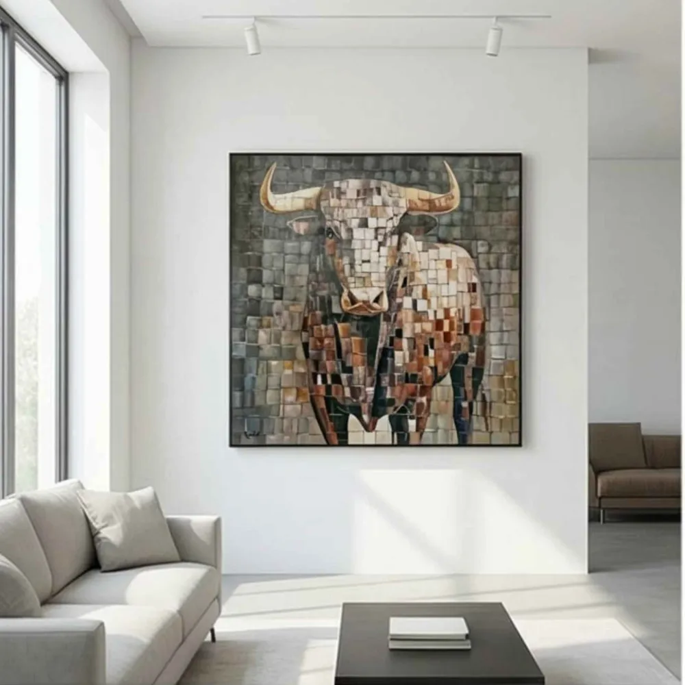 Cuadro Toro en Mosaico - Pintura al Óleo Hecha Mano 90x90 cm