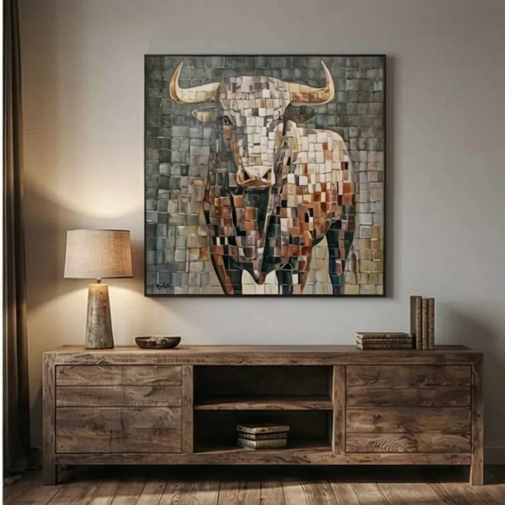 Cuadro Toro en Mosaico - Pintura al Óleo Hecha Mano 90x90 cm