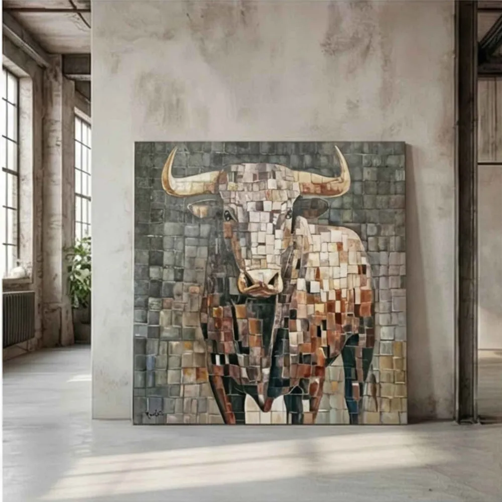 Cuadro Toro en Mosaico - Pintura al Óleo Hecha Mano 90x90 cm