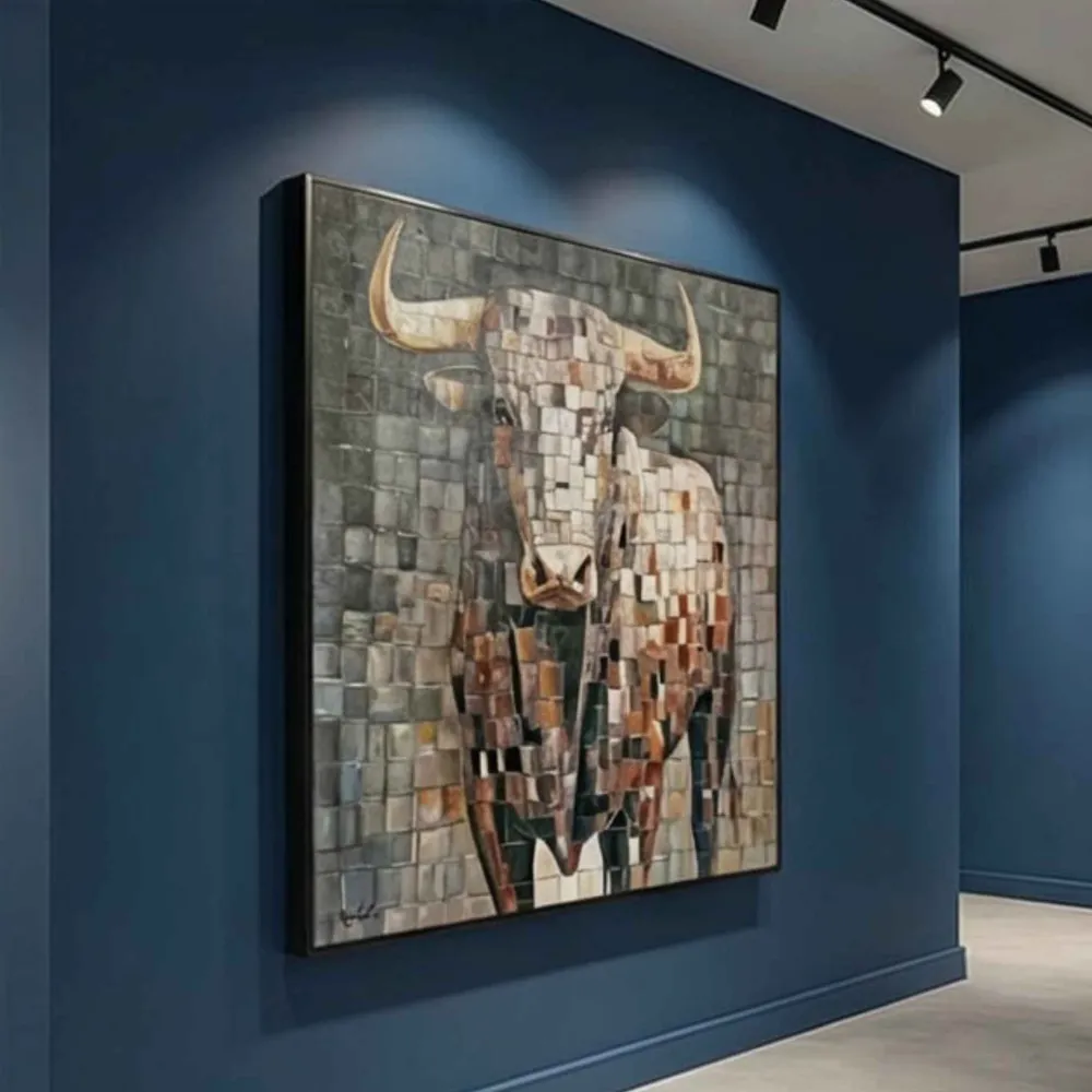 Cuadro Toro en Mosaico - Pintura al Óleo Hecha Mano 90x90 cm