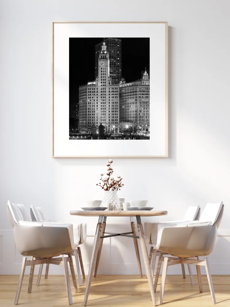 Estados Unidos Illinois Chicago Edificio Wrigley Torre del Reloj Noche Arquitectura en blanco y negro Ciudad Hito urbano |...