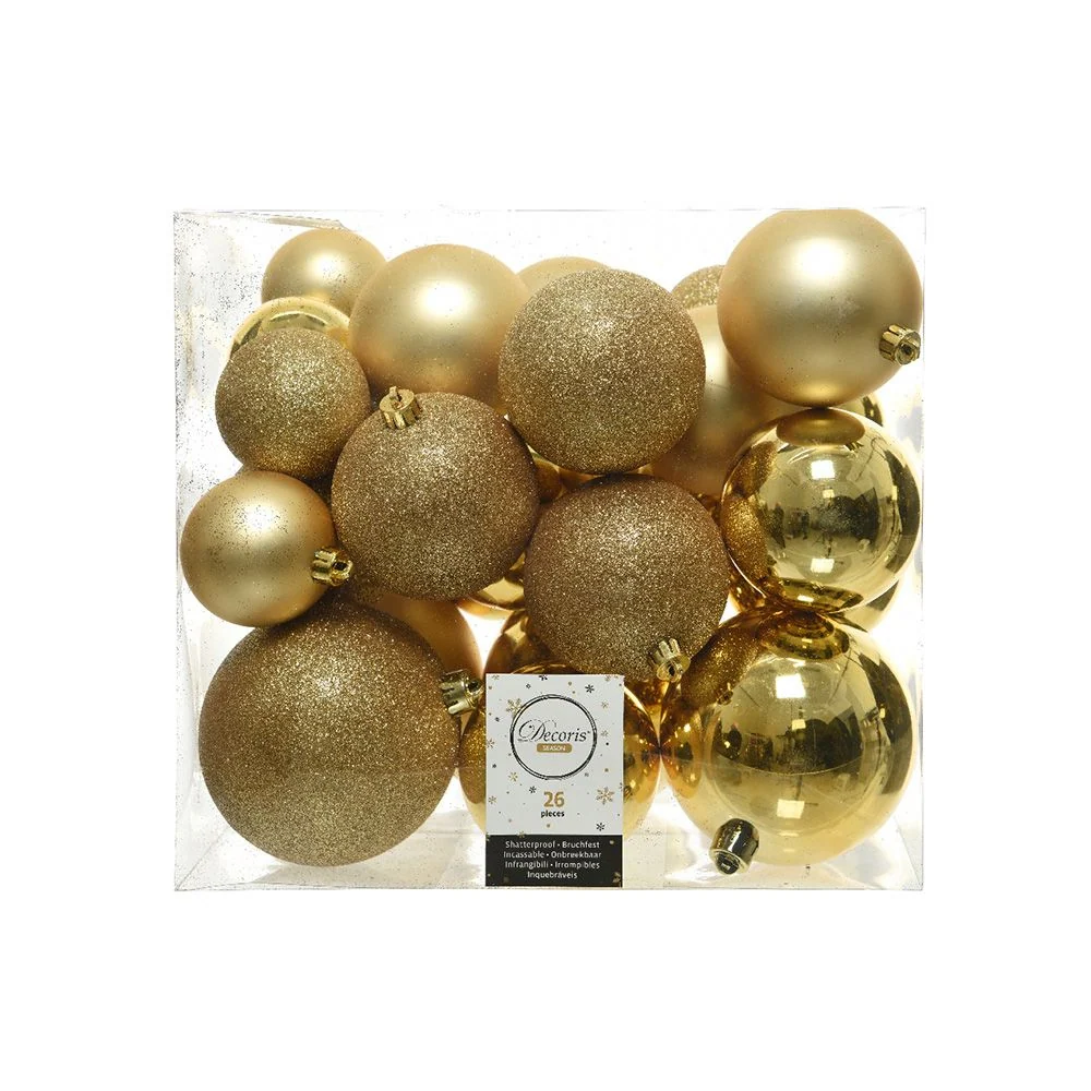 CAJA DE 26 BOLAS DORADAS VARIOS TAMAÑOS Ø6cm/Ø8cm/Ø10cm DECORIS
