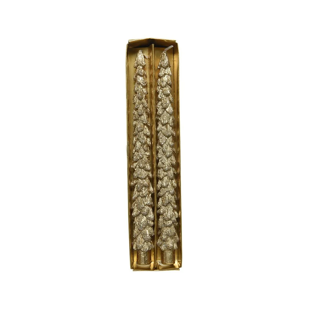 PACK DE 2 VELAS EN FORMA DE PINO, DORADAS CON BRILLANTINA, Ø3,5 x 26,5 cm DECORIS