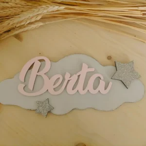 Nube de madera personalizada con nombre – Decoración infantil en colores elegir El trébol Rosa