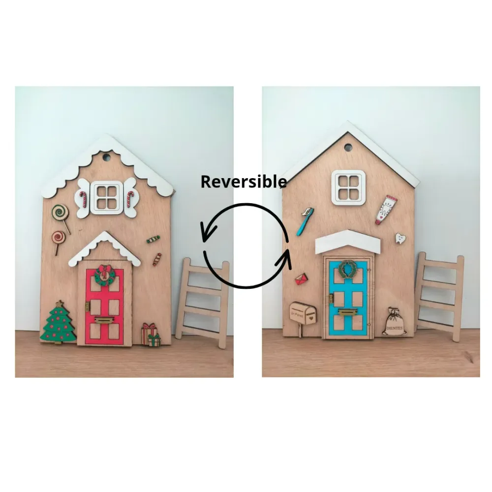 Puerta reversible de madera del Ratón Pérez y el Elfo de Navidad. Puerta mágica decorativa infantil El trébol Rosa