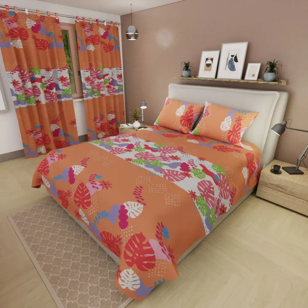 Juego De Sábanas Con Cortinas Tropical Naranja eleganthome