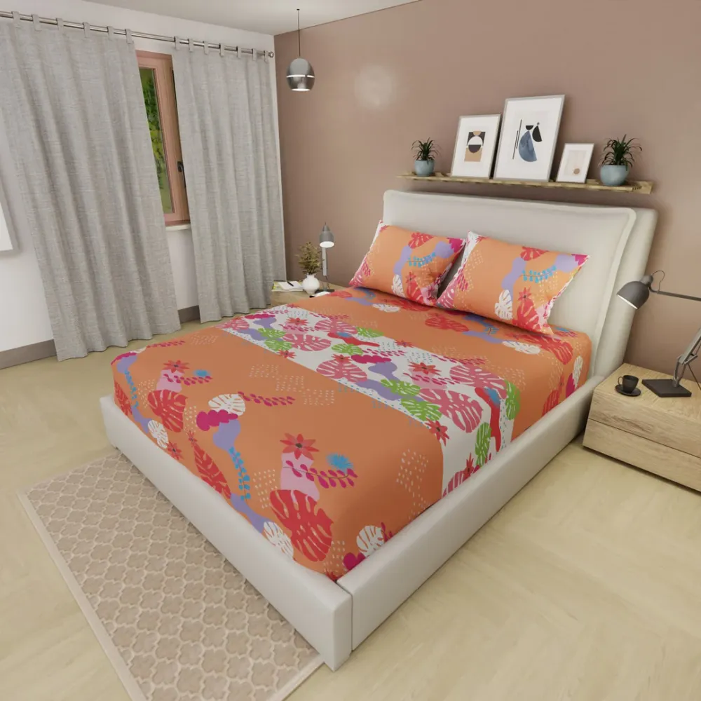 Juego De Sábanas Con Cortinas Tropical Naranja eleganthome