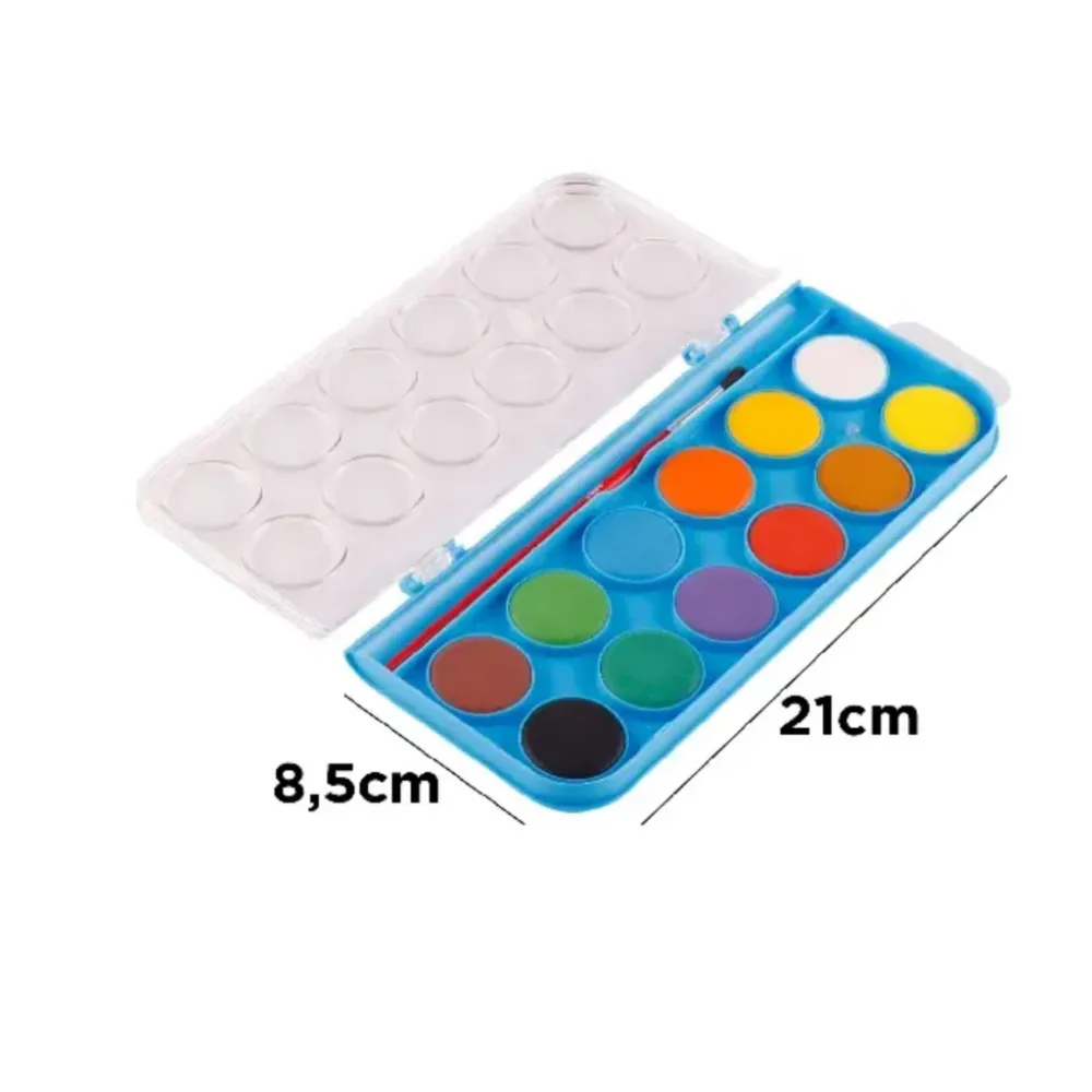 Estuche set de acuarelas infantiles de 12 colores variados y vivos. Material escolar dibujo. INCLUYE PINCEL