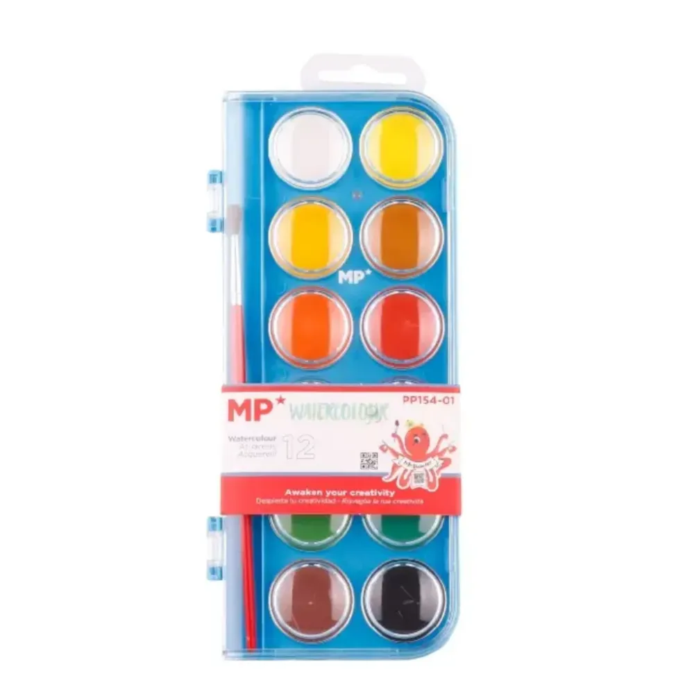 Estuche set de acuarelas infantiles de 12 colores variados y vivos. Material escolar dibujo. INCLUYE PINCEL