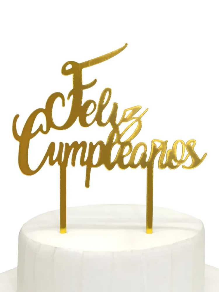 Deco Torta Acrílico Feliz Cumpleaños Dorado 1 Unidad Feco