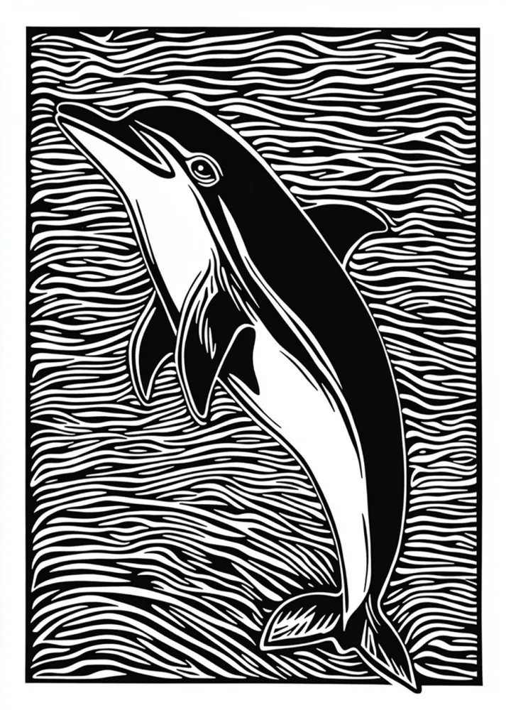 Delfín diseño Linocut - blanco y negro Fine Artic