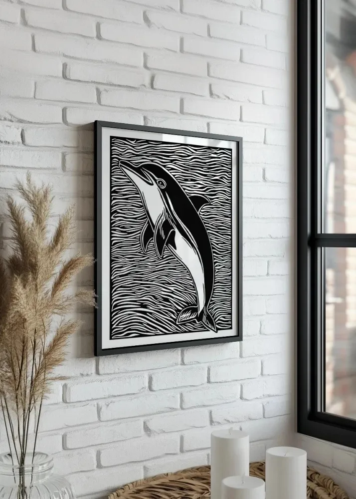 Delfín diseño Linocut - blanco y negro Fine Artic