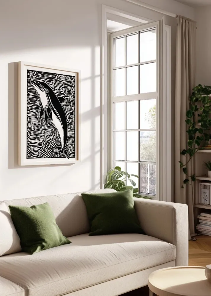 Delfín diseño Linocut - blanco y negro Fine Artic