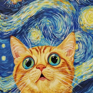 Gato flipando en la noche estrellada Fine Artic