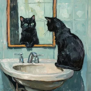 Gato negro mirándose en el baño impresionista Fine Artic