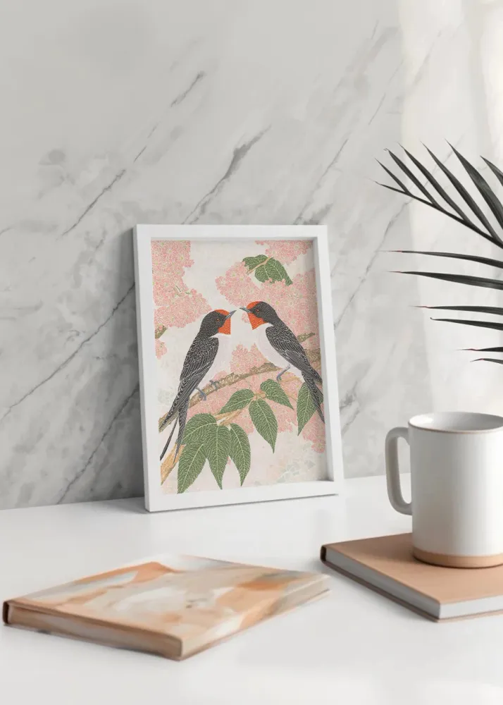 Gorriones en una rama en colores pastel Fine Artic