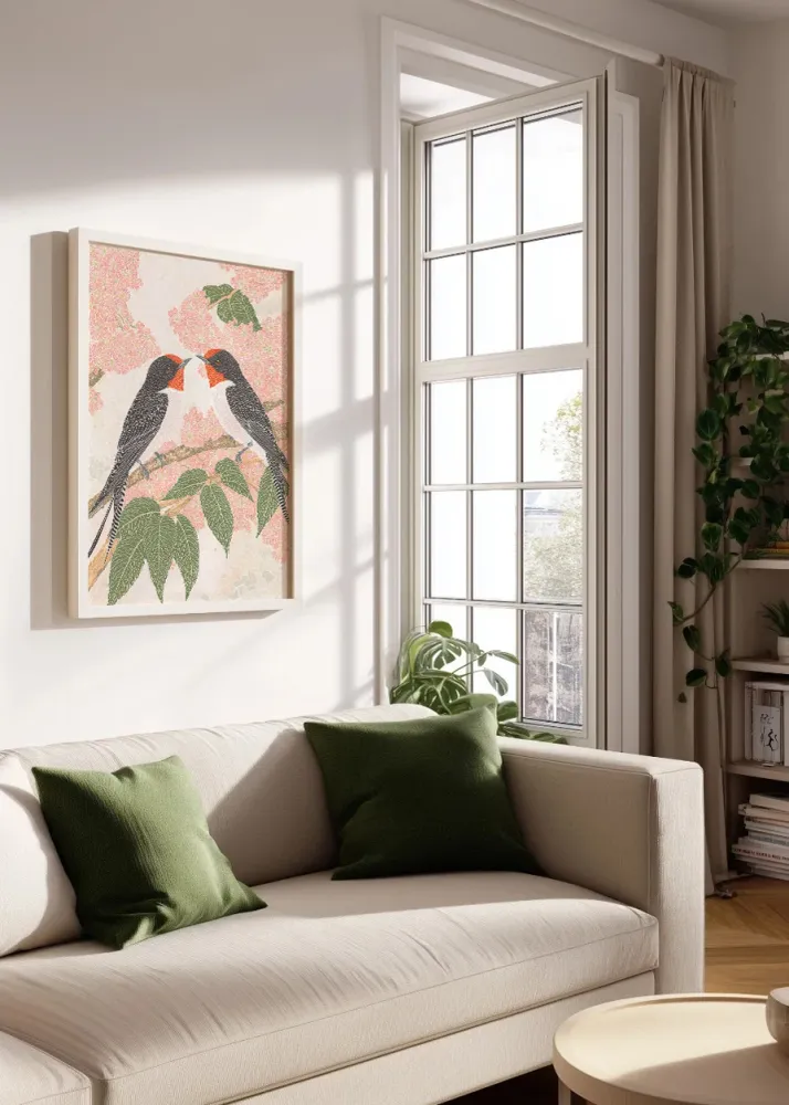 Gorriones en una rama en colores pastel Fine Artic