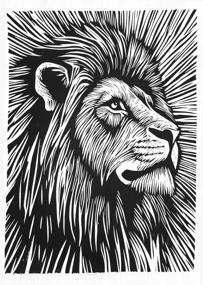 León diseño Linocut - blanco y negro Fine Artic