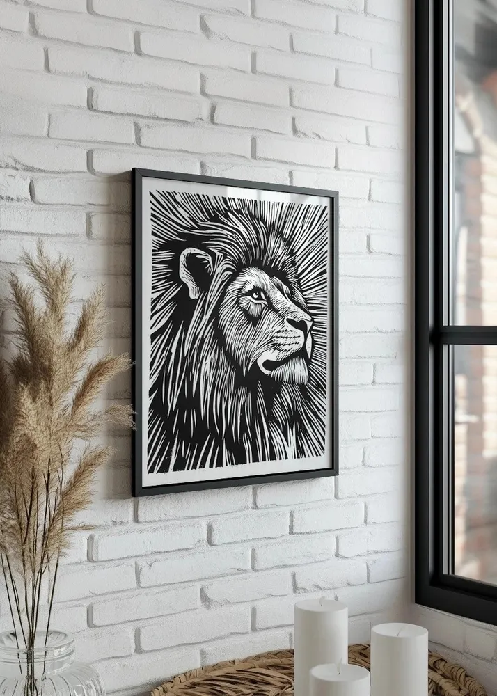 León diseño Linocut - blanco y negro Fine Artic
