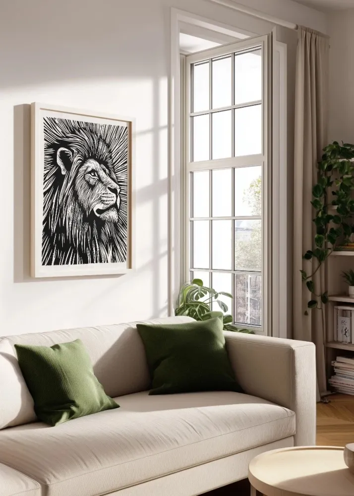 León diseño Linocut - blanco y negro Fine Artic