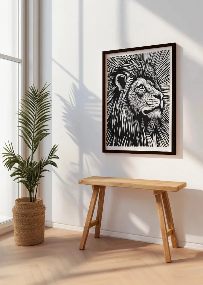 León diseño Linocut - blanco y negro Fine Artic