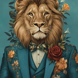 León vestido como persona con traje Fine Artic