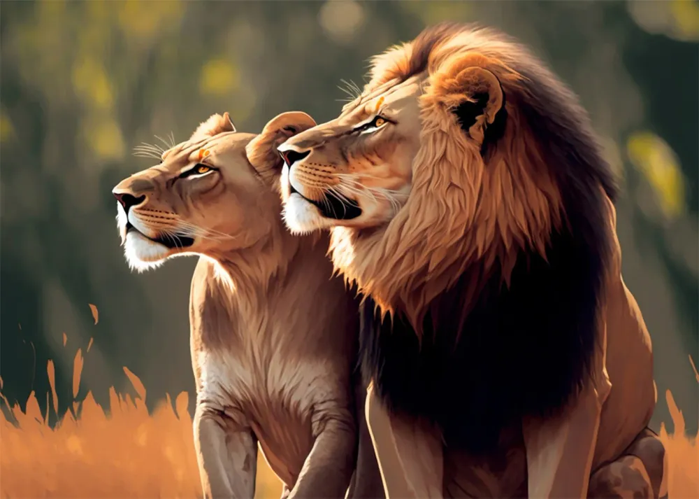 Leon y leona en la sabana Fine Artic