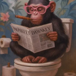 Mono en el baño leyendo el periódico Fine Artic
