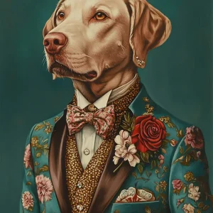 Pitbull vestido como persona con traje Fine Artic