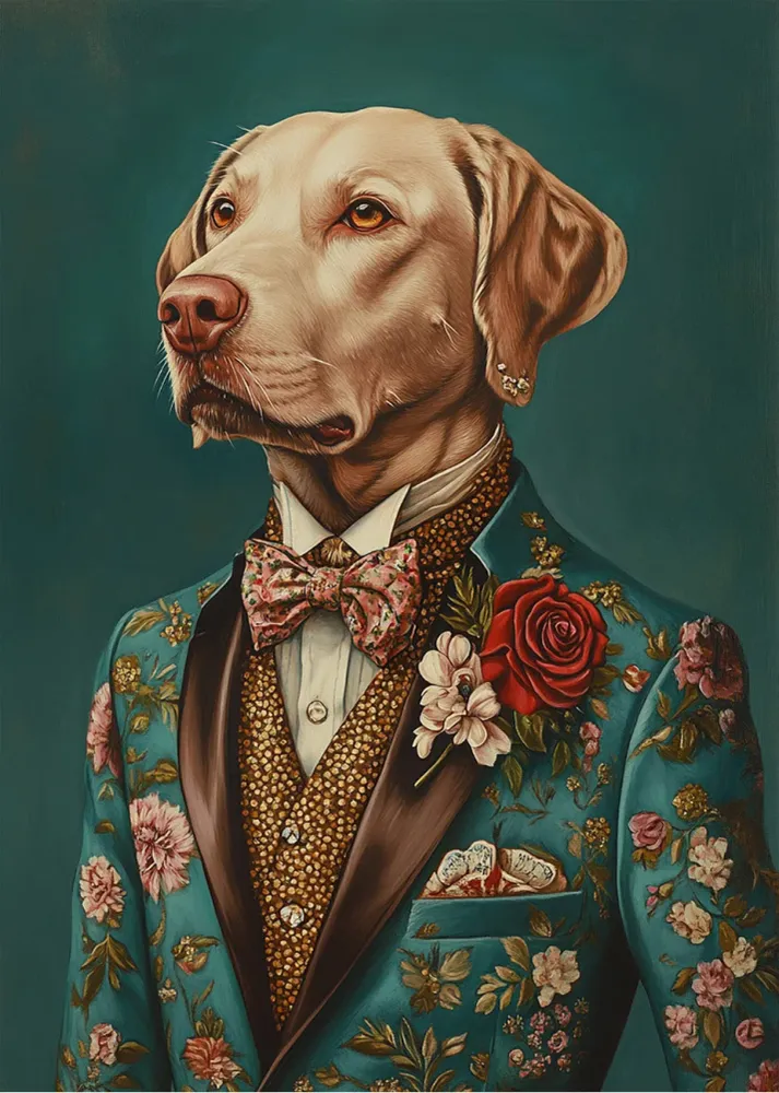 Pitbull vestido como persona con traje Fine Artic