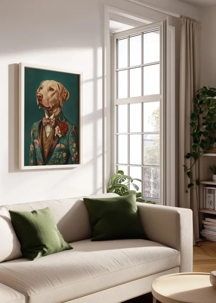 Pitbull vestido como persona con traje Fine Artic