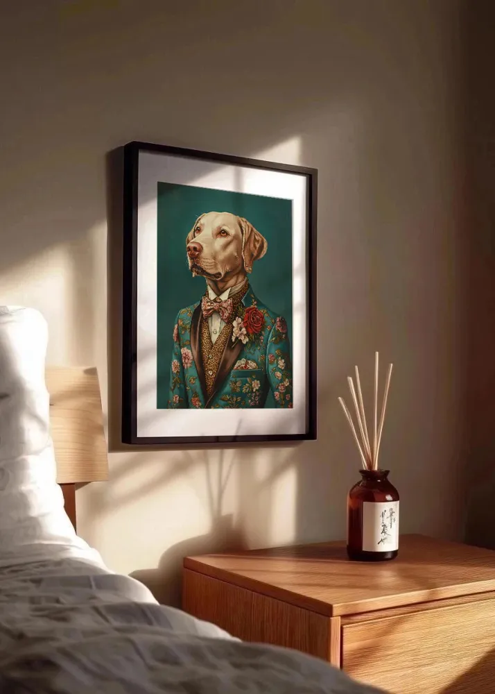 Pitbull vestido como persona con traje Fine Artic