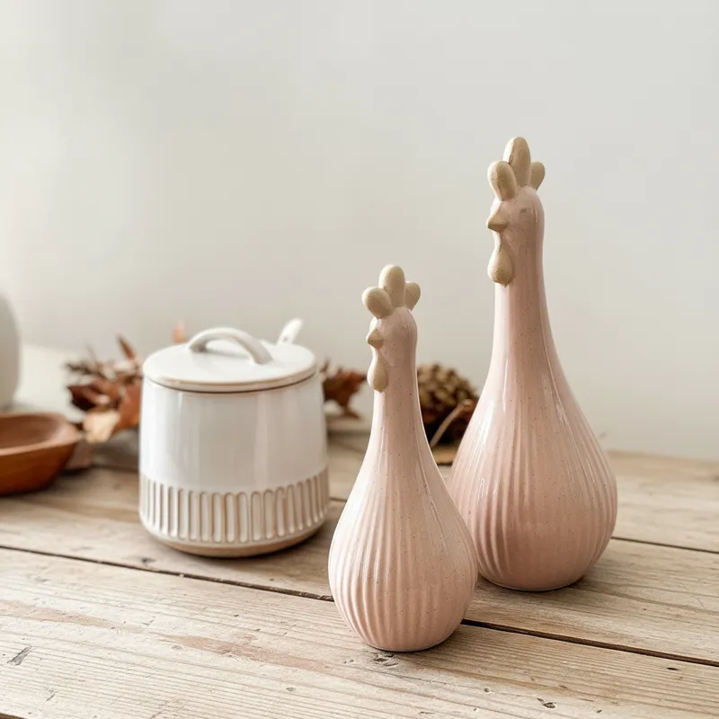Set Adorno 2 Gallinas Cerámica Rosa Claro - Diseño Encantador Frank Home