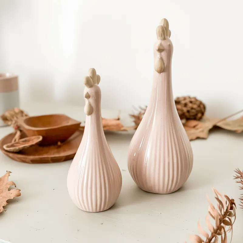 Set Adorno 2 Gallinas Cerámica Rosa Claro - Diseño Encantador Frank Home