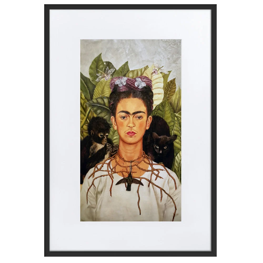 Póster con Passepartout - Frida Kahlo con collar de espinas y colibrí Negro