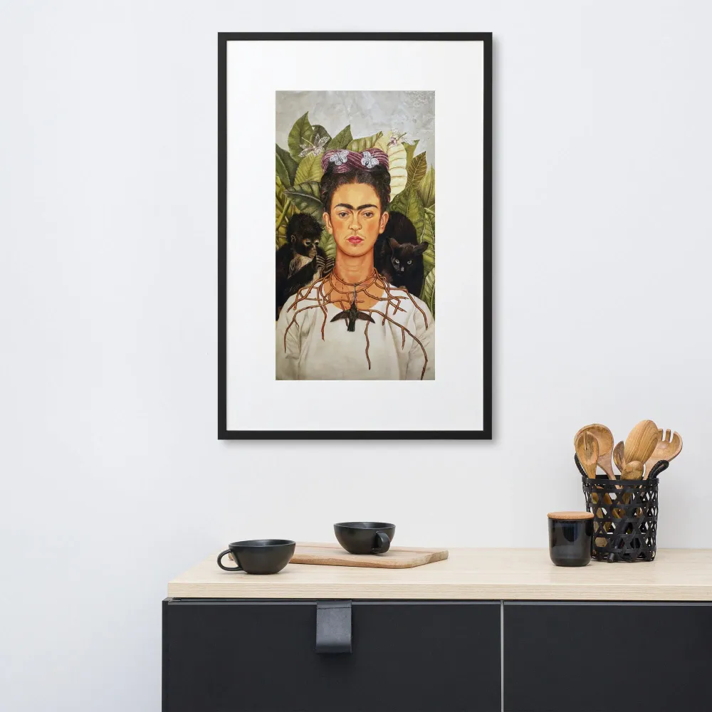 Póster con Passepartout - Frida Kahlo con collar de espinas y colibrí Negro