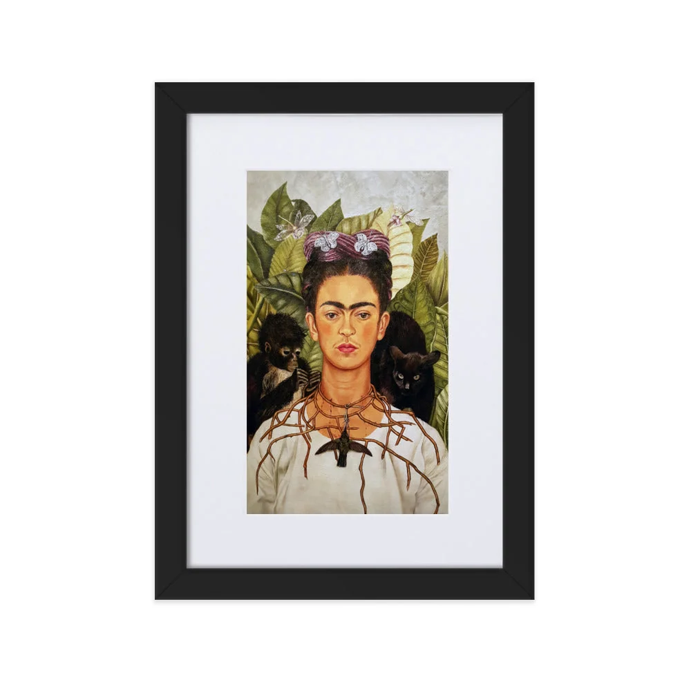 Póster con Passepartout - Frida Kahlo con collar de espinas y colibrí Negro