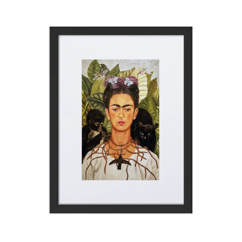 Póster con Passepartout - Frida Kahlo con collar de espinas y colibrí Negro