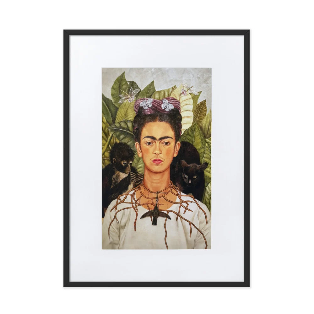 Póster con Passepartout - Frida Kahlo con collar de espinas y colibrí Negro