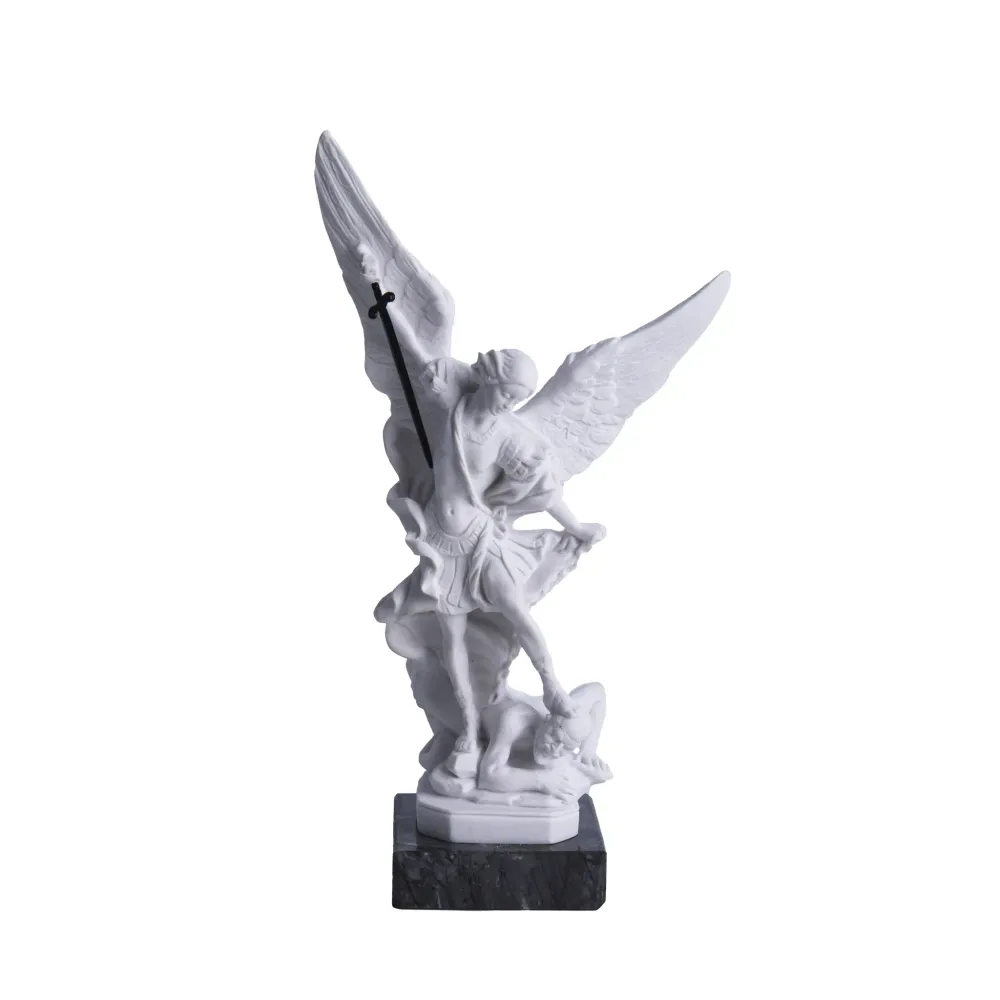 Estatua de mármol del Arcángel Gabriel con base de mármol negro Galleria Mariana
