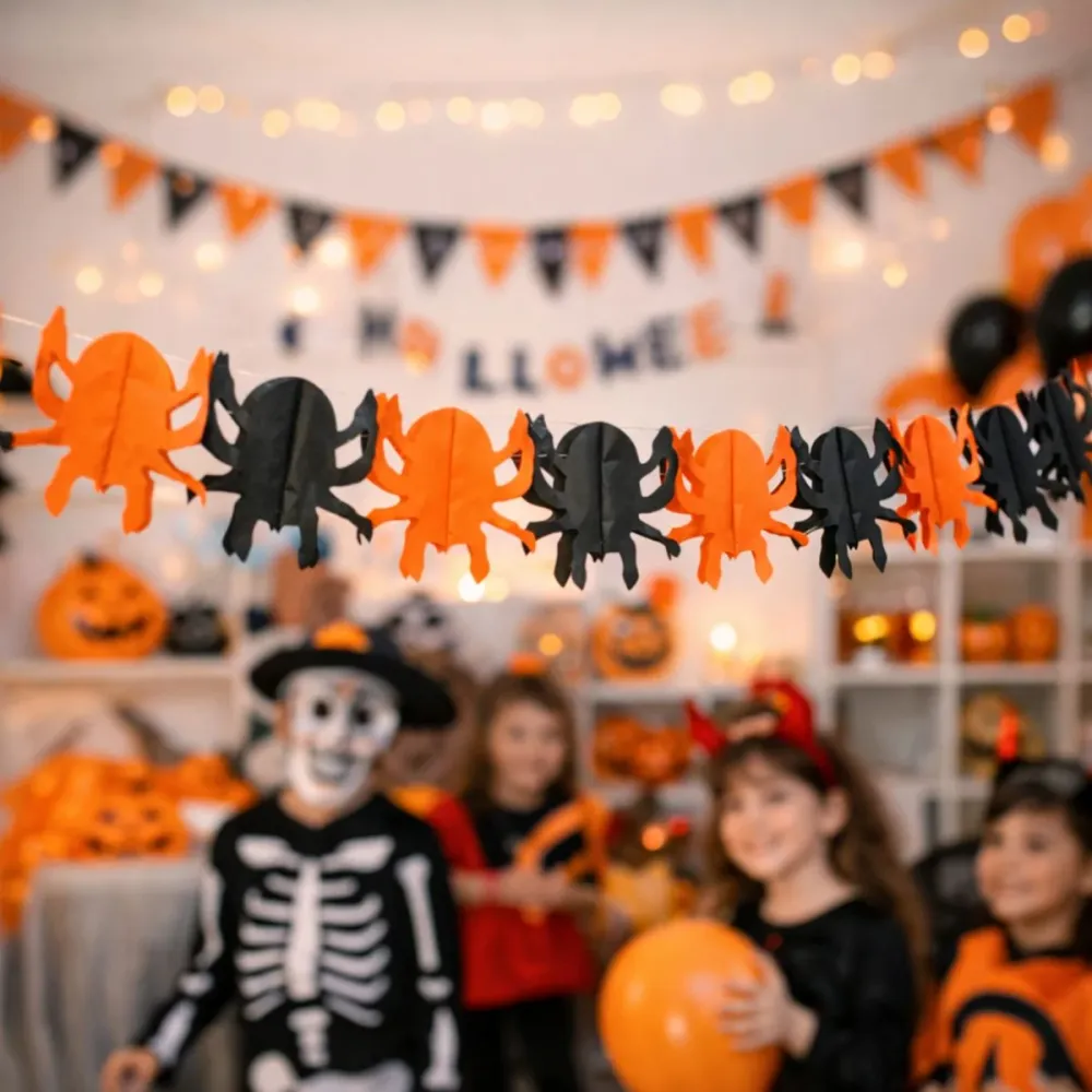 Guirnalda Arañ Halloween Naranjo y Negro 3mts Glam