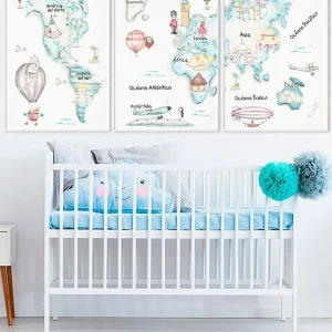 MAPA MUNDI TRAVEL AZUL Pack de cuadros infantil personalizados Il Mondo di Alex