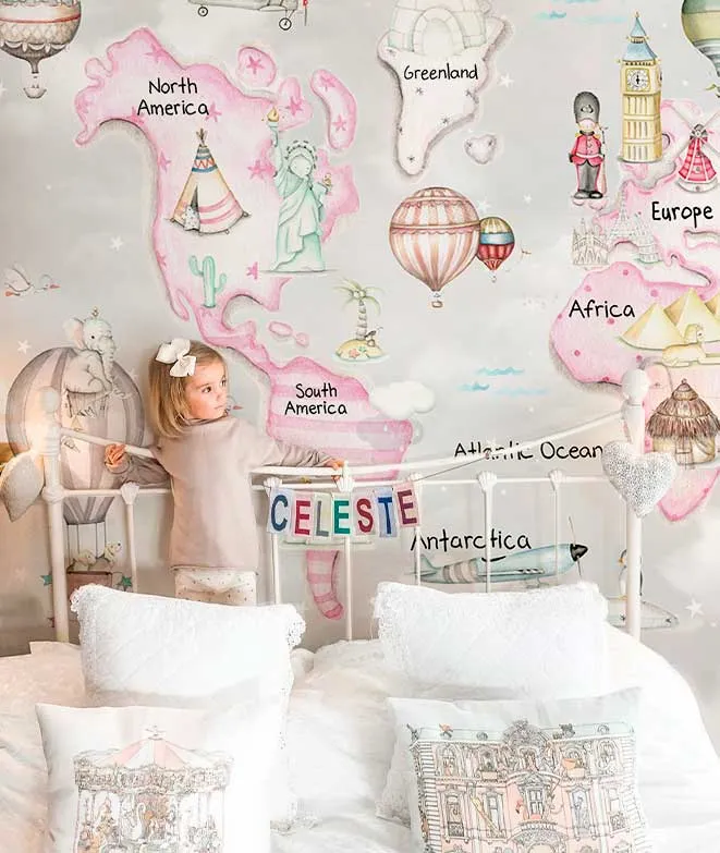 MAPA MUNDI TRAVEL ROSA F.GRIS Mural de papel pintado Il Mondo di Alex