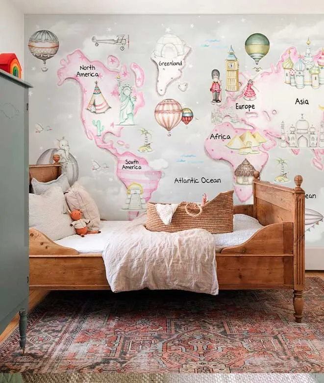 MAPA MUNDI TRAVEL ROSA F.GRIS Mural de papel pintado Il Mondo di Alex